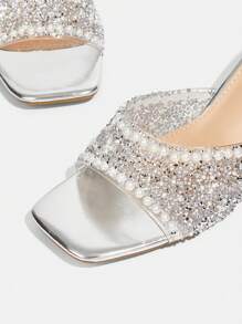 CUCCOO TILAWA Women Silver Square Toe Rhinestone Decor Slingback High Heel Sandals For Christmas