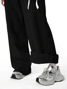 SHEIN Tween Girls Bow Graphic Loose Straight Leg Sweatpants, Suitable For Casual And Commuting Wear - Black - View 8