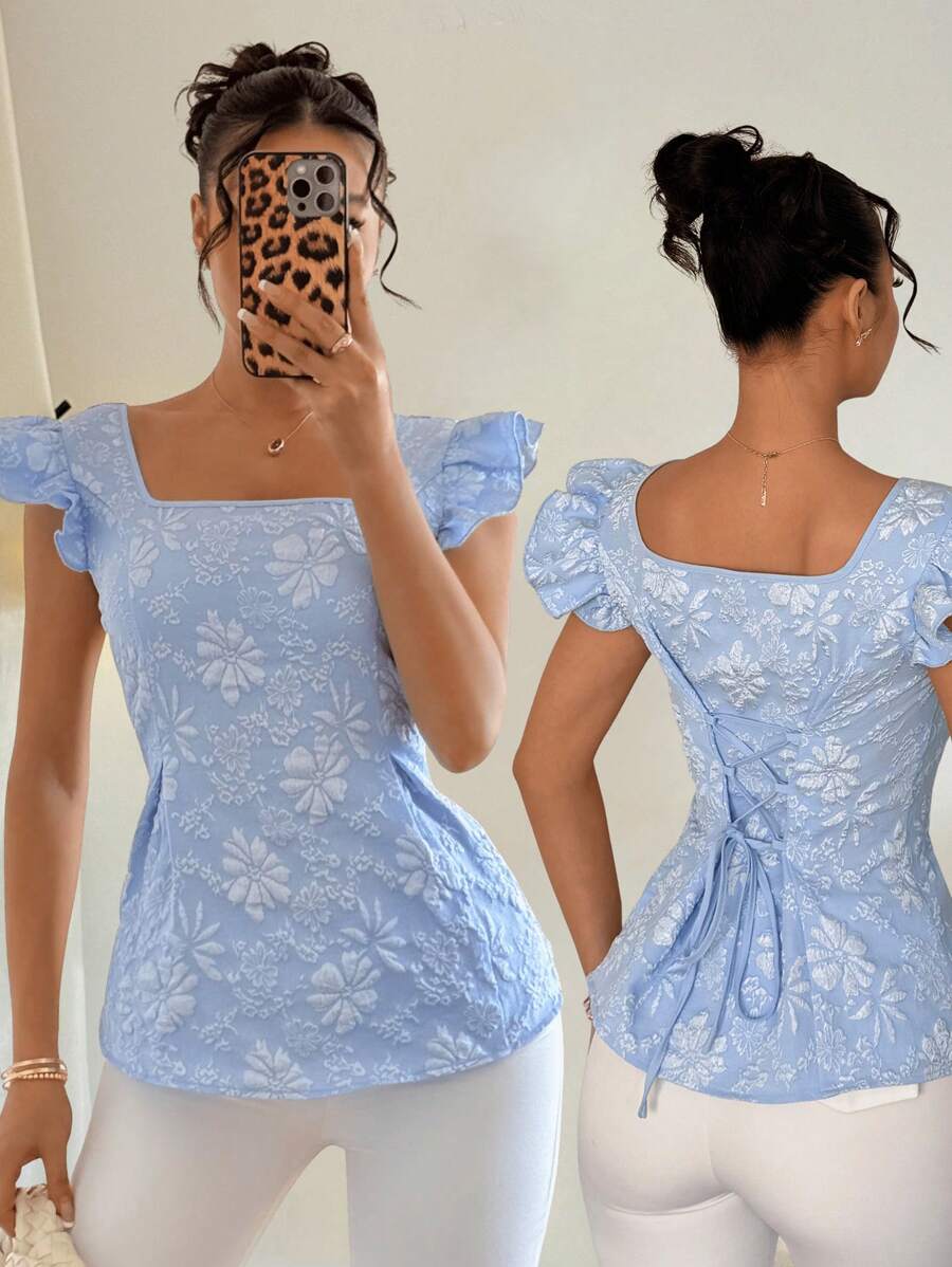 Chiquease Ins Jacquard Drawstring Back Waist Blouse For Women - Blue - View 1