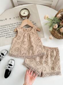 LMoss Kids LMoss Baby Girl Woven Solid Color Round Neck Regular Top And Loose Woven Long Pants 2 Pieces Set, Suitable For Spring And Summer - Khaki - View 5
