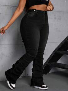 SHEIN SXY 大码女式弹力蓝色复古侧褶喇叭牛仔裤 - 黑色 - 查看 4