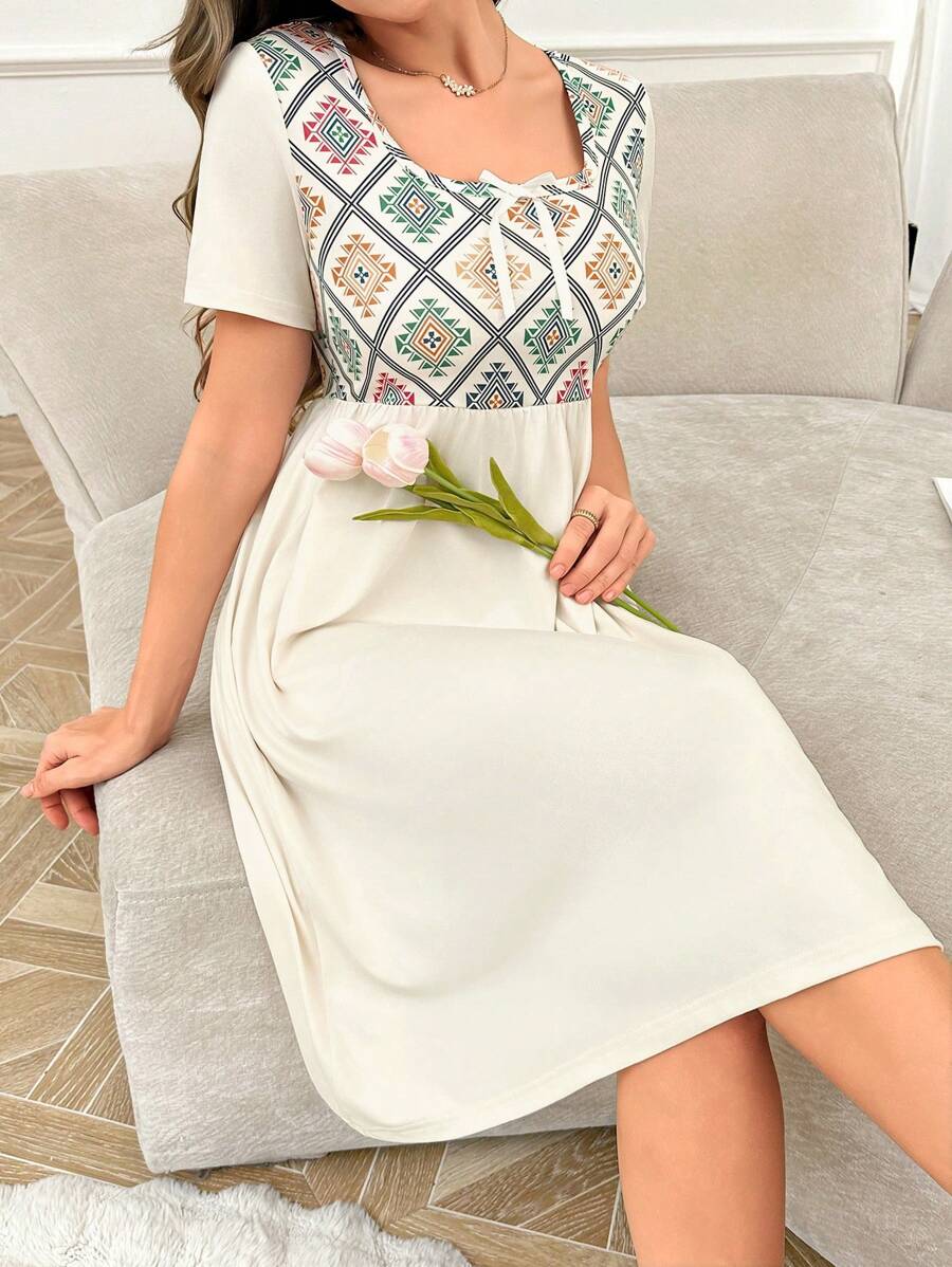 SHEIN Women's Floral Retro Print Patchwork V-Neck Short Sleeve Nightgown - Multicolor - View 1