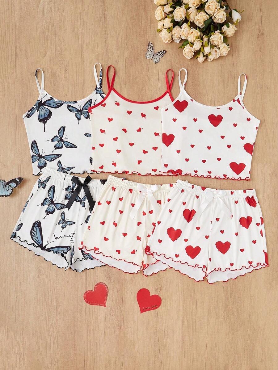 SHEIN 3pcs Set Include Heart & Bowknot Print Camisole & Shorts Pajama Set - Multicolor - View 1