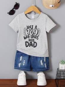 SHEIN Young Boy Summer Casual Letter Print Round Neck Short Sleeve T-Shirt - Grey - View 4