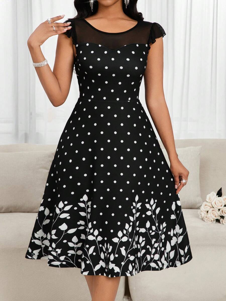 SHEIN Lady Vestido de fiesta con estampado de lunares y flores, de manga corta y con inserciones de rejilla, ideal para primavera y verano - Negro - Ver 1