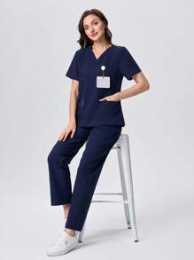 Scrubzie 2 pezzi/set maglietta donna a maniche corte scollo a V con colori a contrasto e pantaloni comodi/uniforme infermiera