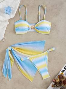 SHEIN Swim Women's 3-Piece Swimsuit Set With Detachable Straps, Fashion Gradient Print With Mesh Overcover, Ocean Shell Decor, Sexy Beach Vacation