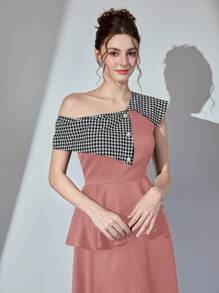 Modelyn 女式长款千鸟格不对称领口腰部修身喇叭形韩版连衣裙 - 粉色 - 查看 4