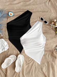 Soleia 2pcs/Set Solid Color Mixed Black And White Asymmetric Hem Asymmetrical Neck Tops, Suitable For Summer Vacation,Rave Top Suitable For Going Out