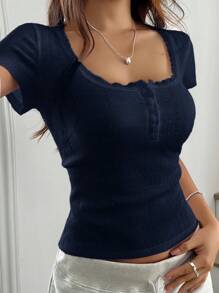 Zielony Sweet Lace Trim Short Sleeve T-Shirt For Women, Summer New Slim Fit 3-Button Front Half Sleeve Top