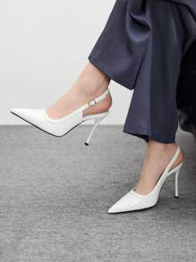 CUCCOO BIZCHIC 女式尖头细高跟鞋白色镜面 PU 皮革浅口鞋，简约时尚通勤百搭派对正装鞋，带踝带 - 白色 - 查看 3