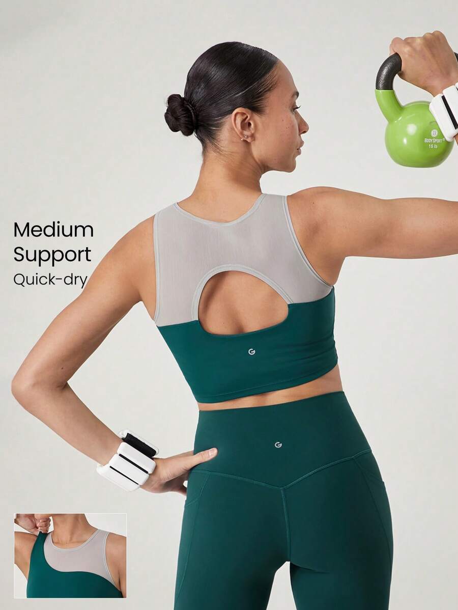 GLOWMODE Top sin mangas con recortes y espalda de malla Powersculpt™, de alto impacto, para entrenamiento, correr y gimnasio, con copas desmontables