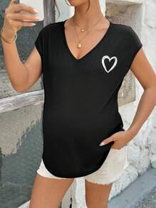 SHEIN Summer Outfits - Heart Print Batwing Sleeve Tee, Maternity T-Shirts, Pajama, Loungewear, Sleepwear, Tank Top With Bra, Underwear & Sleepwear, Pajama Set - Black - View 1