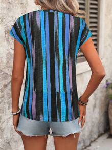 EMERY ROSE 女士时尚短袖 T 恤，彩色条纹印花图案 T 恤，女士上衣 - 彩色 - 查看 2