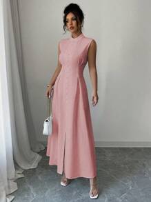 Elenzga Women Sleeveless Long Dress, Solid Color, Fashion For Summer - Baby Pink - View 5