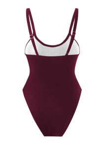 Swim SXY 女士纯色吊带网眼拼布性感镂空连体泳衣，夏季海滩和节日波西米亚风格 - 酒紅色 - 查看 5