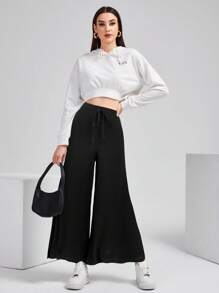 Mulvari Quần ống rộng cạp cao thắt lưng đơn sắc cho nữ, đa năng - màu đen - Xem 2