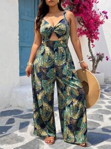 SHEIN VCAY 大码热带印花扭纹镂空连体裤，休闲度假 - 彩色 - 查看 1