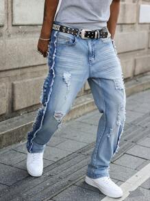 Manfinity EMRG Men's Pocket Distressed Frayed Edge Straight Leg Casual Jeans - Blue - View 8