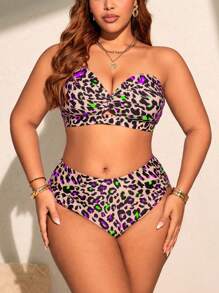 Slaydiva 2015 新款大码女式性感时尚豹纹开叉衬垫抹胸上衣和高腰三角裤 2 件套泳衣度假套装 - 彩色 - 查看 5