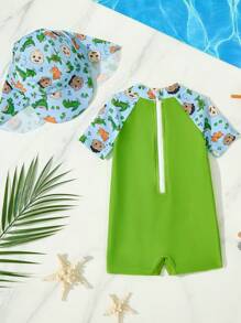 CoComelon X SHEIN 2pcs Baby Boy Green & Blue Cartoon Dinosaur Figure Graphic Short Sleeve One-Piece Swimwear With Hat - Apricot - View 2