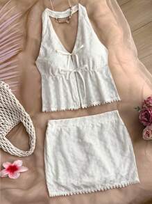 SHEIN Teen Girls Embroidered Lace Halter Neck Backless Short Top And Shorts Set For Vacation - White - View 8