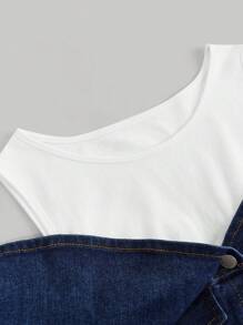 SHEIN MOD Plus Size Dark Blue Denim Top 2 In 1 Design High Elastic Denim One Shoulder Elegant Summer Tops - Dark Wash - View 4