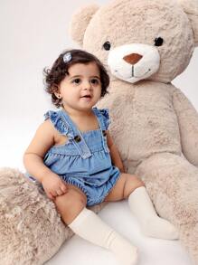 2 件套女婴可爱甜美荷叶边吊带宽松牛仔连衣裙和松紧腰牛仔短裤 - 淺色水洗藍 - 查看 3