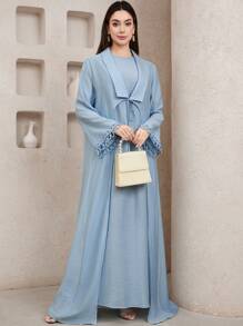 Veilorie Conservative Casual Ribbon Decor Women's Arabic Style 2 Pieces Set,  Modest  Clothing For Women,  Classy Clothes For Women,  Modest Outfits, Modest