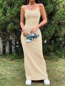 SHEIN EZwear Women's Basic Solid Color Form-Fitting Elegant Slip Maxi Dress - Apricot - View 4