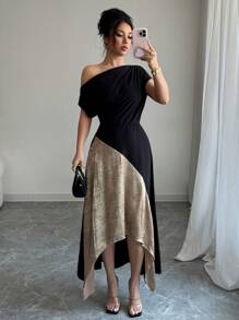 Rafferiza Women's Asymmetric Hemline & Neckline Contrast Color Fashion Dress - Black - View 1