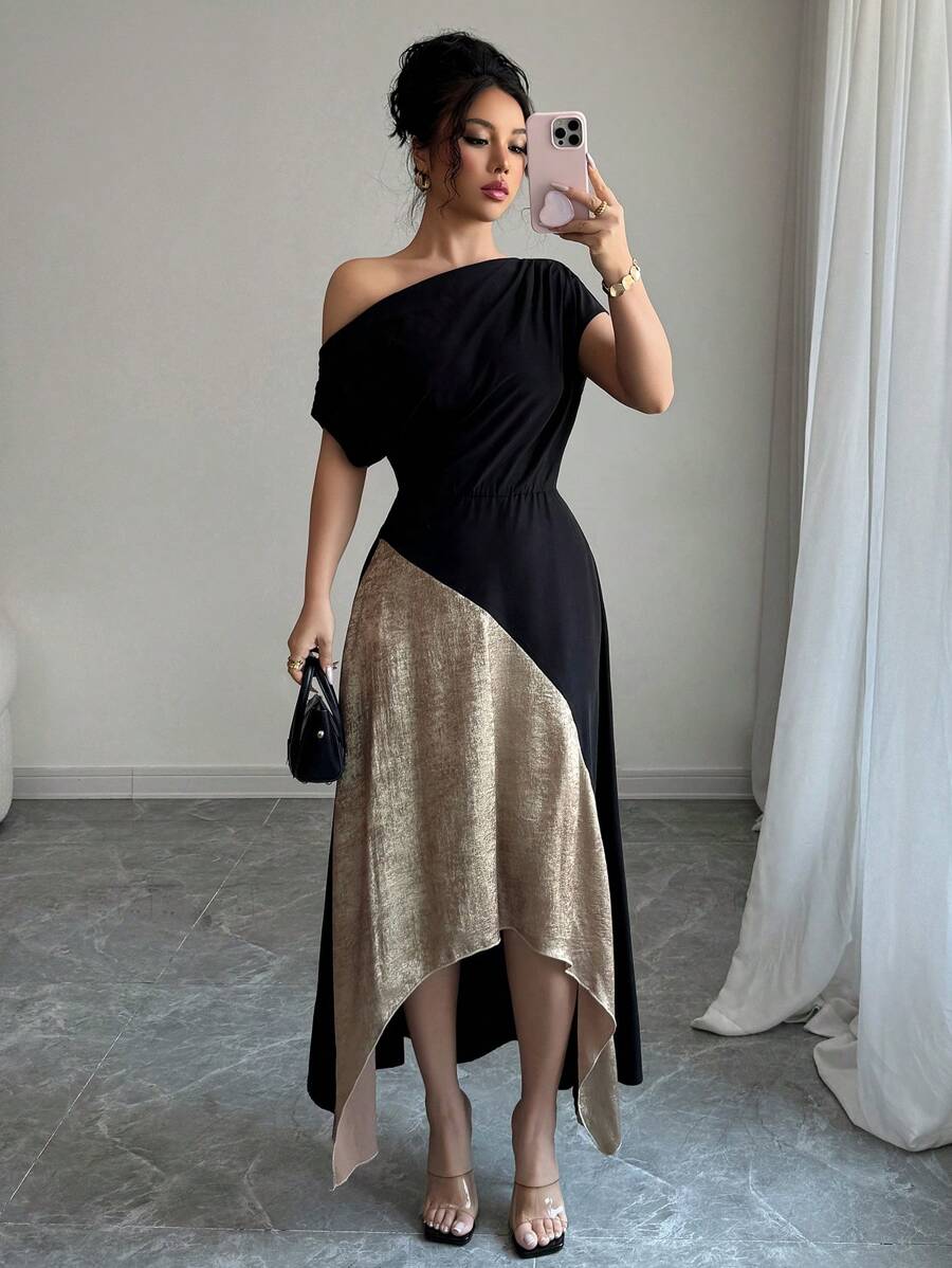 Rafferiza Women's Asymmetric Hemline & Neckline Contrast Color Fashion Dress - Black - View 1
