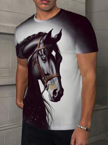 Manfinity Homme Men's Summer Casual Gradient Horse Print Crew Neck Short Sleeve T-Shirt Printed Tshirts Men Graphic T Shirts