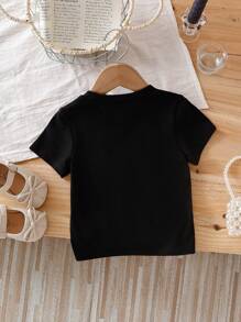 Baby Girls' Casual Korean Style Cute White Round Neck Knitted Short Sleeve Blouse With Bow Decor, Summer - Black - View 2