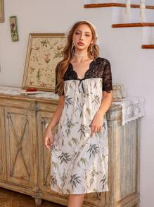 CottageSlumber Women Bamboo Print & Lace Short Sleeve Sleep Dress Holiday Season - Multicolor - View 1