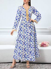 Al Najma Women's Blue Floral Print Maxi Arabian Dress: Casual Stand Collar Woven Fabric Dress With Long Sleeves And Contrast Lace Details For Everyday Elegance., Modest - Blue - View 6