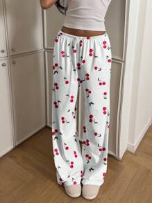 CovetEZ Women's Casual Minimalist Low Waist Straight Leg Pants, Cherry Print, Suitable For Summer, Loungewear Suitable For Going Out Fall Clothes Winter Clothes