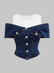 SHEIN MOD Plus Size Dark Blue Denim Top 2 In 1 Design High Elastic Denim One Shoulder Elegant Summer Tops - Dark Wash - View 1