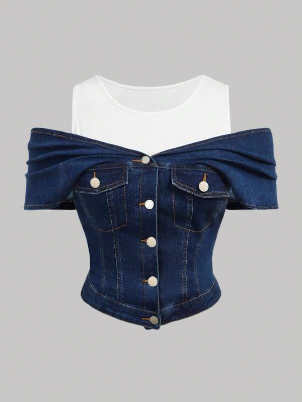 SHEIN MOD Plus Size Dark Blue Denim Top 2 In 1 Design High Elastic Denim One Shoulder Elegant Summer Tops