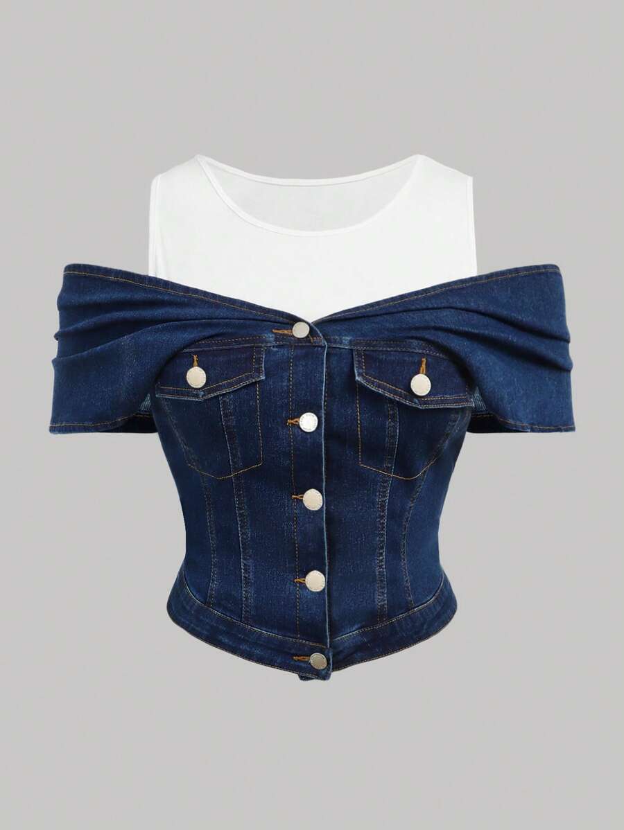 SHEIN MOD Plus Size Dark Blue Denim Top 2 In 1 Design High Elastic Denim One Shoulder Elegant Summer Tops - Dark Wash - View 1