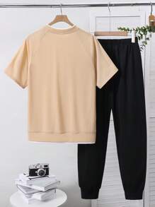 SHEIN 2pcs Set Teen Boys 2 In 1 T Shirt Black Jogging Pants Affordable Two Pieces Teen Boy Spring Boys Spring Teen Boy Clothing Matchable Black Shirt Valentine's Day Shirt Boys Early Spring Shirt Tops Cute Sweaters Suitable For Commuting To School Everyday Casual College Traveling Suitable For Sports Suitable For Spring, Summer And All Seasons Season, Fleece, Thickened - Khaki - View 2