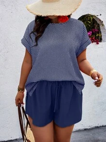 SHEIN Clasi Plus Size Plaid Top & Solid Color Short Sleeve Round Neck T-Shirt & Shorts Set - Navy Blue - View 4