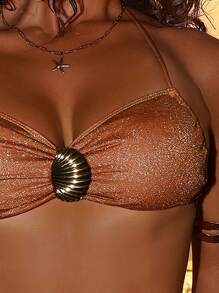 Swim SXY Women Summer Solid Sequin Fabric Spaghetti Strap Shell Decor Sexy Bikini Top - Brown - View 6