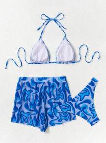 Swim Vcay Set de 3 piezas Bikini con estampado aleatorio para playa/vacaciones - azul real - Ver 6