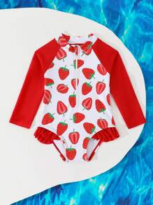 SHEIN Toddler Girls' Strawberry Print Long Sleeve Zipper One-Piece Swimsuit With Cute Ruffle Raglan Sleeves For Sun Protection - Multicolor - View 5