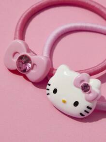 HELLO KITTY AND FRIENDS | SHEIN 4pcs Cute 3D Cat Pattern Hair Scrunchies Hair Ties With Bow Design, Pink Ponytail Holders - Multicolor - View 4