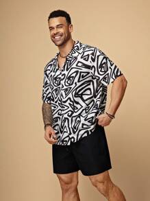 EASEVO Plus Size Men Casual Loose Black & White Woven Short Sleeve Shirt & Shorts Set