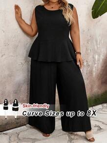 SHEIN CURVE+ CURVE Plus Size Solid Color Vacation Casual Tank Top And Long Pants Two Pieces Set, Curve Plus, Boho Vacation Beach Outfits For Woman/Beach /Beach Vacation Outfits/Beach Essentials / Graduation/Tea Party  - Black - View 1
