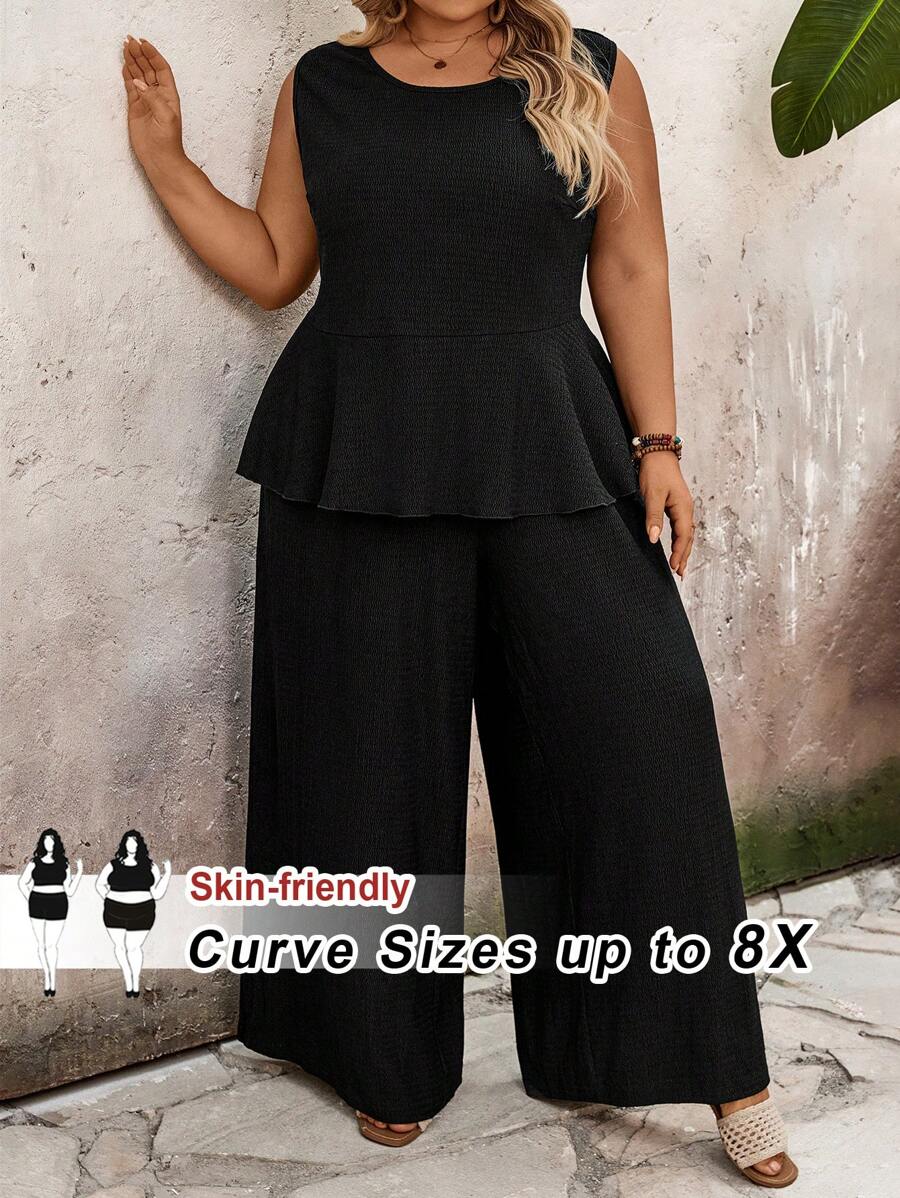 SHEIN CURVE+ CURVE Plus Size Solid Color Vacation Casual Tank Top And Long Pants Two Pieces Set, Curve Plus, Boho Vacation Beach Outfits For Woman/Beach /Beach Vacation Outfits/Beach Essentials / Graduation/Tea Party  - Black - View 1