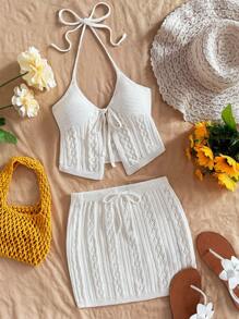 SHEIN WYWH Conjunto de cárdigan de punto beige para mujer con cuello anudado y cinturón en la cintura, top ajustado y falda mini en forma de A, adecuado para vacaciones, fiestas, San Valentín, combinación de capas, citas